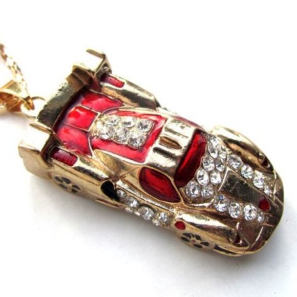 NWT Rhinestone Crystals Sports Car Racing Pendant Necklace Chain - Picture 1 of 6